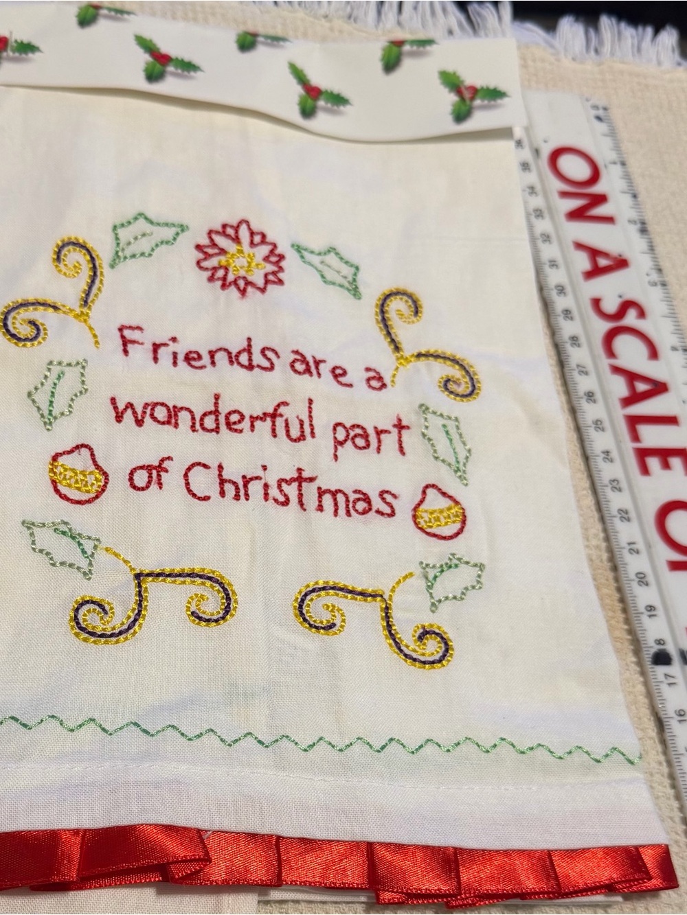 Decorative Christmas Hand Towel"Friends Are Wonderful " Ruffled Embroidered